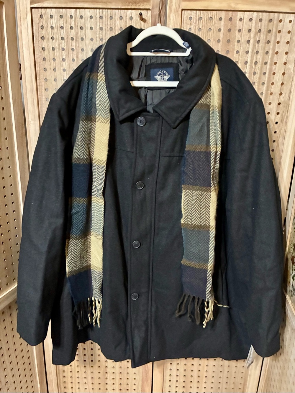 Dockers Black Pea Coat with Navy and Tan Plaid Scarf